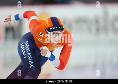 Hamar 20220303.Femke Kok (NED) dans les 500 mètres pendant les Championnats du monde de patinage de vitesse Sprint au navire Viking à Hamar. Photo: Geir Olsen / NTB Banque D'Images