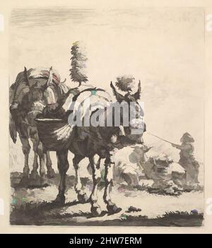 L'art s'inspire de deux mules portant des valises et équipés de palmes, de panaches et de glands ; un mule en vue de trois quarts et derrière un mule en vue frontale ; au-delà d'un homme monté sur un cheval dirige les mules avec une tige, ca. 1641–78, Décapage, plaque : 6 x 5 1/2 po. (15,3 x 13,9 cm, œuvres classiques modernisées par Artotop avec une touche de modernité. Formes, couleur et valeur, impact visuel accrocheur sur l'art émotions par la liberté d'œuvres d'art d'une manière contemporaine. Un message intemporel qui cherche une nouvelle direction créative. Artistes qui se tournent vers le support numérique et créent le NFT Artotop Banque D'Images