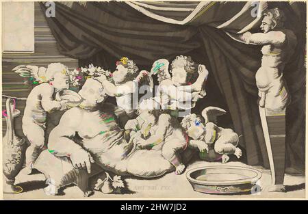 Art inspiré par Speculum Romanae Magnificatiae: Bacchus entouré de Putti avec Priapus tenant le rideau, 16th siècle, gravure, feuille: 4 3/4 x 7 3/16 po. (12 x 18,3 cm), tirages, Maître de la matrice (italien, active Rome, env. 1530–60), après Raphaël (Raffaello Sanzio ou Santi, oeuvres classiques modernisées par Artotop avec une touche de modernité. Formes, couleur et valeur, impact visuel accrocheur sur l'art émotions par la liberté d'œuvres d'art d'une manière contemporaine. Un message intemporel qui cherche une nouvelle direction créative. Artistes qui se tournent vers le support numérique et créent le NFT Artotop Banque D'Images