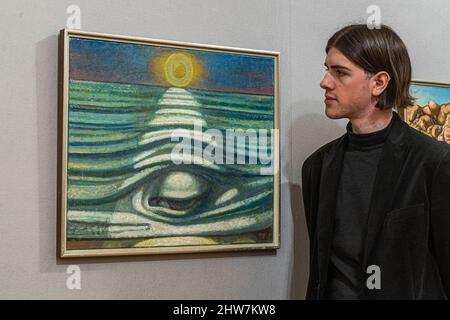 LONDRES, ROYAUME-UNI. 4th mars 2022. ANTOINE MALLIARAKIS (Mayo) Loeil vague II, estimation: GBP4 000- 6 000 chez Bonhams Mindn's Eye Surrealist Vente preview. La vente a lieu le 8 mars à Bonhams New Bond Street. Credit: amer ghazzal / Alamy Live News Banque D'Images