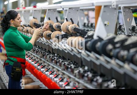 01 mars 2022, Saxe, Flöha: Un employé change une bobine de fils de couleur dans le département de bobinage d'OTEX Textilveredlung GmbH. La société, qui emploie 90 personnes, fabrique des fils spécialisés pour les produits médicaux et les textiles techniques. Lorsqu'un successeur a été recherché pour l'usine en 2016, Bauerfeind AG, un fabricant de matériel médical comme les bandages, les orthèses ou les semelles intérieures orthopédiques, de Thuringe, a simplement repris son fournisseur lui-même. Le nombre d'employés a augmenté, et maintenant plusieurs Roumains et Sud-Américains font également partie de la main-d'œuvre. Photo: Jan Woitas/dpa-Zentralbild/ZB Banque D'Images