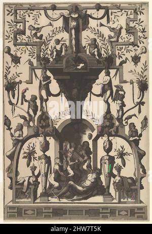 Art inspiré par la décoration de surface, grotesque avec Strapwork, y compris une niche murale sous une marquise de Strapwork, scène Bacchic ci-dessous de Veelderleij Veranderinghe van grotissen ende Compertimenten...Balance Primo, 1556, Etching, feuille: 12 1/8 x 8 1/8 po. (30,8 x 20,7 cm), Livres, Johannes, oeuvres classiques modernisées par Artotop avec une touche de modernité. Formes, couleur et valeur, impact visuel accrocheur sur l'art émotions par la liberté d'œuvres d'art d'une manière contemporaine. Un message intemporel qui cherche une nouvelle direction créative. Artistes qui se tournent vers le support numérique et créent le NFT Artotop Banque D'Images