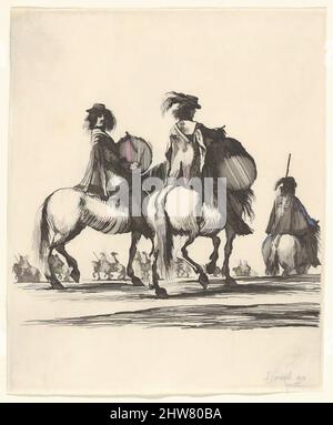 Art inspiré par deux mouscataires à la batterie à cheval après une procession à droite, de "divers exercices de cavalerie" (Diversets exerçes de cavalerie), ca. 1642–45, Décapage, feuille : 3 7/16 x 2 7/8 po. (8,8 x 7,3 cm), Prints, Stefano della Bella (Italien, Florence 1610–1664, oeuvres classiques modernisées par Artotop avec une touche de modernité. Formes, couleur et valeur, impact visuel accrocheur sur l'art émotions par la liberté d'œuvres d'art d'une manière contemporaine. Un message intemporel qui cherche une nouvelle direction créative. Artistes qui se tournent vers le support numérique et créent le NFT Artotop Banque D'Images