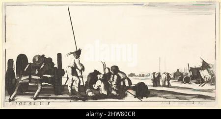 Art inspiré par la planche 9: Un char transportant un canon à gauche, des soldats au centre jouant des cartes, des 'troupes, canons, et attaques sur les villess' (Dessins de quelques conduites de troupes, canons, et ataques de villes), ca. 1640, Décapage, feuille : 2 7/16 x 5 1/16 po. (6,2 x 12,8 cm), tirages, oeuvres classiques modernisées par Artotop avec une touche de modernité. Formes, couleur et valeur, impact visuel accrocheur sur l'art émotions par la liberté d'œuvres d'art d'une manière contemporaine. Un message intemporel qui cherche une nouvelle direction créative. Artistes qui se tournent vers le support numérique et créent le NFT Artotop Banque D'Images