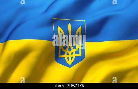 Drapeau de l'Ukraine avec des armoiries, soufflant dans le vent. Drapeau volant ukrainien pleine page. Banque D'Images