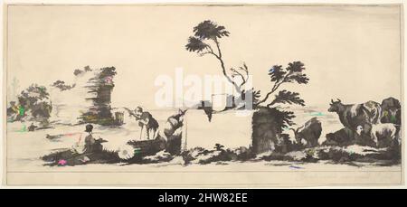 Art inspiré par la planche 12: Un dessinateur assis à gauche, un berger debout à côté de lui à droite, des ruines et des animaux à droite, une tour en ruines à gauche dans le fond, de «divers paysages» (divers paysages), ca. 1641, Décapage ; deuxième état de deux, feuille : 4 5/8 x 10 1/4 po. (, les œuvres classiques modernisées par Artotop avec un peu de modernité. Formes, couleur et valeur, impact visuel accrocheur sur l'art émotions par la liberté d'œuvres d'art d'une manière contemporaine. Un message intemporel qui cherche une nouvelle direction créative. Artistes qui se tournent vers le support numérique et créent le NFT Artotop Banque D'Images