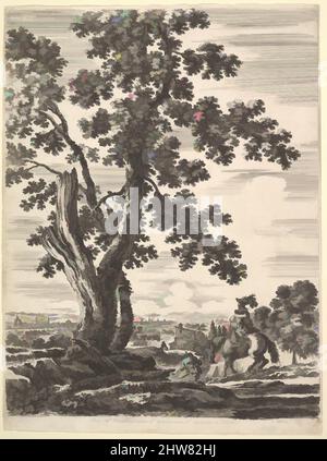 Art inspiré par Une femme à cheval vue de derrière descendant une colline à droite, un grand arbre à gauche, paysage de Florence à gauche en arrière-plan, de 'quatre grands paysages' (quatre grands salaires en hauteur), ca. 1652–57, Etching; quatrième état de quatre, feuille: 9 7/8 x, œuvres classiques modernisées par Artotop avec une touche de modernité. Formes, couleur et valeur, impact visuel accrocheur sur l'art émotions par la liberté d'œuvres d'art d'une manière contemporaine. Un message intemporel qui cherche une nouvelle direction créative. Artistes qui se tournent vers le support numérique et créent le NFT Artotop Banque D'Images