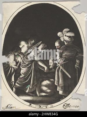 Art inspiré par Salome recevant la tête de Jean-Baptiste, entouré de trois hommes et d'un enfant portant une torche, le corps du Baptiste repose sur le sol, une composition ovale, après ca. 1610, gravure, feuille : 2 11/16 x 2 1/16 po. (6,8 x 5,3 cm), tirages, d'après Hendrick Goudt (néerlandais, œuvres classiques modernisées par Artotop avec une touche de modernité. Formes, couleur et valeur, impact visuel accrocheur sur l'art émotions par la liberté d'œuvres d'art d'une manière contemporaine. Un message intemporel qui cherche une nouvelle direction créative. Artistes qui se tournent vers le support numérique et créent le NFT Artotop Banque D'Images