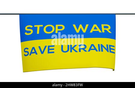 Drapeaux Ukraine avec texte Stop war, Save Ukraine. Sur fond blanc. 3D travaux et illustration 3D Banque D'Images