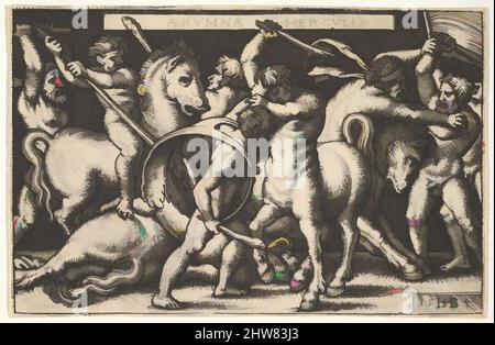 Art inspiré par Hercules avec son club au centre de combat d'un centaure, d'autres hommes de combat de centaures à gauche et à droite, de 'The Labors of Hercules', 1542, gravure, feuille: 2 x 3 1/8 po. (5,1 x 7,9 cm), Prints, Sebald Beham (allemand, Nuremberg 1500–1550 Francfort, œuvres classiques modernisées par Artotop avec une touche de modernité. Formes, couleur et valeur, impact visuel accrocheur sur l'art émotions par la liberté d'œuvres d'art d'une manière contemporaine. Un message intemporel qui cherche une nouvelle direction créative. Artistes qui se tournent vers le support numérique et créent le NFT Artotop Banque D'Images