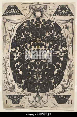 Art inspiré par la suspension ovale décorée de Schweifwerk, entouré de petits motifs et couronné par un Baldachin, ca. 1614–19, travaux de noir et gravure, feuille : 4 1/16 x 2 13/16 po. (10,3 x 7,1 cm), Jacques Hurtu (français (actif 1584–1635)), partie d'une série de 6 avec des dessins d'orfèvrerie, oeuvres classiques modernisées par Artotop avec une touche de modernité. Formes, couleur et valeur, impact visuel accrocheur sur l'art émotions par la liberté d'œuvres d'art d'une manière contemporaine. Un message intemporel qui cherche une nouvelle direction créative. Artistes qui se tournent vers le support numérique et créent le NFT Artotop Banque D'Images