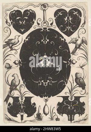 Art inspiré par pendentif ovale décoré de Schweifwerk, entouré de petits motifs et de quatre oiseaux, ca. 1614–19, travaux de noir et gravure, feuille : 3 7/8 x 2 13/16 po. (9,9 x 7,1 cm), Jacques Hurtu (français (actif 1584–1635)), partie d'une série de 6 avec des dessins d'orfèvrerie exécutés, oeuvres classiques modernisées par Artotop avec un peu de modernité. Formes, couleur et valeur, impact visuel accrocheur sur l'art émotions par la liberté d'œuvres d'art d'une manière contemporaine. Un message intemporel qui cherche une nouvelle direction créative. Artistes qui se tournent vers le support numérique et créent le NFT Artotop Banque D'Images