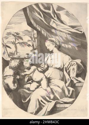 Art inspiré par la Vierge et l'enfant assis avec Saint Jean le Baptiste, un livre repose sous la main gauche propre de la Vierge, le Christ enfant atteint vers Saint Jean, un mur et un rideau divisant les figures du paysage au-delà, 1647, Etching, feuille: 6 13/16 x 5 1/16 po. (17,3 x 12,9 cm, œuvres classiques modernisées par Artotop avec une touche de modernité. Formes, couleur et valeur, impact visuel accrocheur sur l'art émotions par la liberté d'œuvres d'art d'une manière contemporaine. Un message intemporel qui cherche une nouvelle direction créative. Artistes qui se tournent vers le support numérique et créent le NFT Artotop Banque D'Images