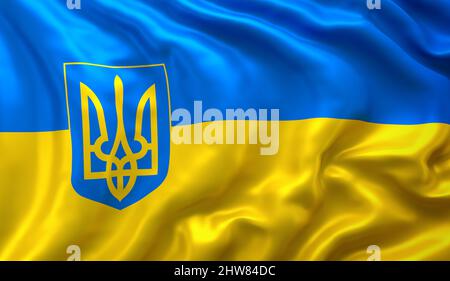 Drapeau de l'Ukraine avec des armoiries, soufflant dans le vent. Drapeau volant ukrainien pleine page. Banque D'Images