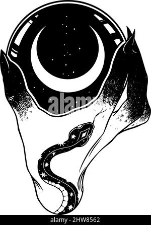 Main de sorcière avec tatouage serpent tenant boule de cristal illustration de vecteur Illustration de Vecteur