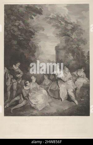 Art inspiré par Gallant conversation' (conversation galante): Les couples s'engagent dans la conversation dans un cadre de jardin, à gauche un musicien joue pour le groupe, à droite une femme tient un chien couché de genoux, 1743, Etching et gravure, feuille: 18 11/16 x 13 7/8 po. (47,5 x 35,2 cm), tirages, oeuvres classiques modernisées par Artotop avec une touche de modernité. Formes, couleur et valeur, impact visuel accrocheur sur l'art émotions par la liberté d'œuvres d'art d'une manière contemporaine. Un message intemporel qui cherche une nouvelle direction créative. Artistes qui se tournent vers le support numérique et créent le NFT Artotop Banque D'Images