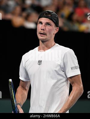 4th mars 2022: Ken Rosewall Arena, Sydney Olympic Park, Sydney, Australie; Davis Cup tennis, Australie contre Hongrie; Marton Fucsovics de Hongrie Banque D'Images