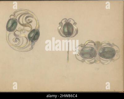 Art inspiré par trois dessins pour bijoux avec un motif de perles, 1899, Graphite et gouache, feuille: 3 1/2 x 5 po. (8,9 x 12,7 cm), Edgar Gilstrap Simpson (britannique, 1867–1945 (présumé)), trois dessins pour bijoux, tous décorés de coléoptères. Le premier design est pour une broche symétrique, les œuvres classiques modernisées par Artotop avec une touche de modernité. Formes, couleur et valeur, impact visuel accrocheur sur l'art émotions par la liberté d'œuvres d'art d'une manière contemporaine. Un message intemporel qui cherche une nouvelle direction créative. Artistes qui se tournent vers le support numérique et créent le NFT Artotop Banque D'Images