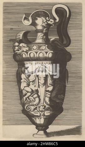 Art inspiré par vase avec deux figures ailées qui drapage un terme, 17th siècle (fin), gravure, plaque: 7 1/2 x 4 7/16 po. (19,1 x 11,3 cm), représentation d'un vase ou d'une égout. Le vase est recouvert d'un couvercle et possède une poignée, en forme de créature hybride semblable à un oiseau. Le corps du vase est, oeuvres classiques modernisées par Artotop avec un peu de modernité. Formes, couleur et valeur, impact visuel accrocheur sur l'art émotions par la liberté d'œuvres d'art d'une manière contemporaine. Un message intemporel qui cherche une nouvelle direction créative. Artistes qui se tournent vers le support numérique et créent le NFT Artotop Banque D'Images