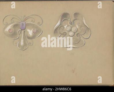 Art inspiré par deux bijoux en argent, 1899, Graphite et gouache, feuille: 3 1/2 x 5 po. (8,9 x 12,7 cm), Edgar Gilstrap Simpson (britannique, 1867–1945 (présumé)), deux dessins pour des bijoux en argent, éventuellement des broches ou des épingles. Le premier est en forme de papillon avec un violet, Classic œuvres modernisées par Artotop avec un peu de modernité. Formes, couleur et valeur, impact visuel accrocheur sur l'art émotions par la liberté d'œuvres d'art d'une manière contemporaine. Un message intemporel qui cherche une nouvelle direction créative. Artistes qui se tournent vers le support numérique et créent le NFT Artotop Banque D'Images