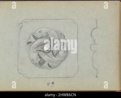 Art inspiré par Design for a Bell Push with Fish motif, 1899, Graphite et gouache, feuille: 3 1/2 x 5 po. (8,9 x 12,7 cm), Edgar Gilstrap Simpson (britannique, 1867–1945 (présumé)), dessin pour une poussée de cloche, caractérisée par trois poissons entrelacés entourant le bouton central. The, Classic œuvres modernisées par Artotop avec une touche de modernité. Formes, couleur et valeur, impact visuel accrocheur sur l'art émotions par la liberté d'œuvres d'art d'une manière contemporaine. Un message intemporel qui cherche une nouvelle direction créative. Artistes qui se tournent vers le support numérique et créent le NFT Artotop Banque D'Images