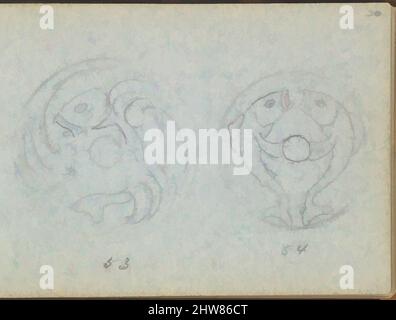 Art inspiré de deux contours pour une poussée de cloche avec motifs de poisson, 1899, Graphite et gouache, feuille: 3 1/2 x 5 po. (8,9 x 12,7 cm), Edgar Gilstrap Simpson (britannique, 1867–1945 (présumé)), deux contours pour une poussée circulaire ornée de motifs de poisson. Le design à gauche montre un poisson, les œuvres classiques modernisées par Artotop avec un peu de modernité. Formes, couleur et valeur, impact visuel accrocheur sur l'art émotions par la liberté d'œuvres d'art d'une manière contemporaine. Un message intemporel qui cherche une nouvelle direction créative. Artistes qui se tournent vers le support numérique et créent le NFT Artotop Banque D'Images