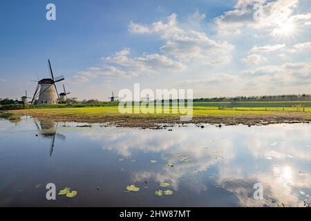 Image horizontale des célèbres moulins à vent hollandais de Kinderdijk, site classé au patrimoine mondial de l'UNESCO.Sur la photo se trouvent cinq des 19 moulins à vent de Kinderdijk, en Hollande-Méridionale, aux pays-Bas, qui sont construits en 1738 et 1740.Photo de haute qualité Banque D'Images