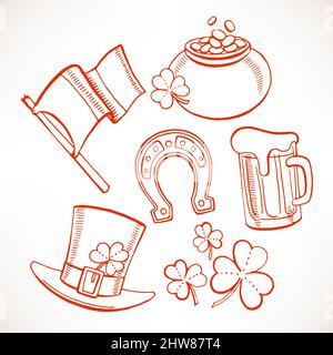 Ensemble d'icônes de la Saint-Patrick. Pot d'or, verres de bière, feuilles de trèfle Illustration de Vecteur
