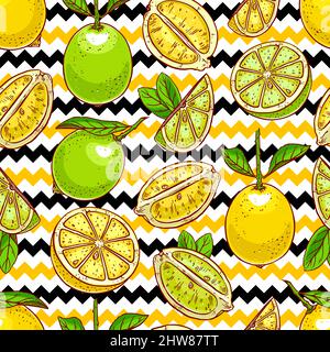 arrière-plan des citrons et des limes. Motif vectoriel tracé à la main sans couture Illustration de Vecteur