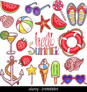 Ensemble mignon de symboles été. Coquillages, crème glacée, fraises. Illustration dessinée à la main Illustration de Vecteur