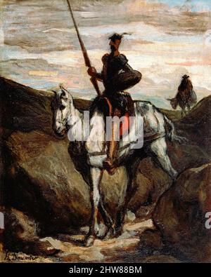 Don Quichotte dans les montagnes par l'artiste français Honoré Daumier (1808-1879) peint vers 1850 montrant Don Quichotte avec Sancho Panza en suivant au loin. Banque D'Images