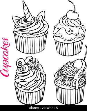 Ensemble de cupcakes délicieux. Illustration dessinée à la main Illustration de Vecteur