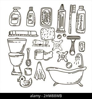 Illustration vectorielle pour baignoire. Kit de dessin à la main d'accessoires d'hygiène de salle de bains maison. Croquis des icônes pour les hôtels, les magasins de plomberie et de cosmétiques Illustration de Vecteur