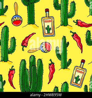 fond mexicain coloré et sans couture de cactus, de bouteilles de tequila et de maracas. illustration dessinée à la main Illustration de Vecteur