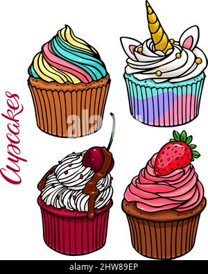 Ensemble de cupcakes délicieux. Illustration dessinée à la main Illustration de Vecteur