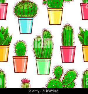 fond sans couture de jolis petits cactus dans un pot de fleurs coloré Illustration de Vecteur