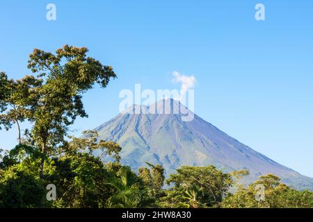 La vapeur de gaz et d'eau s'élève du volcan Arenal par une journée sans nuages avec un ciel bleu clair. La Fortuna, San Carlos, province d'Alajuela, Costa Rica ... plus Banque D'Images