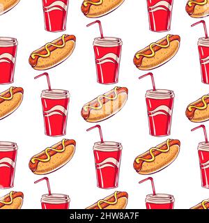 fond sans couture avec des hot-dogs appétissants et des boissons Illustration de Vecteur