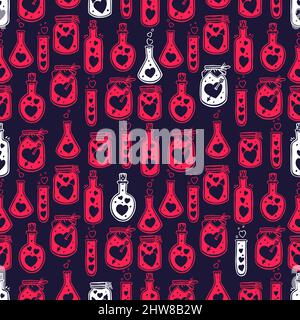 Saint-Valentin motif sans couture de bouteilles en verre avec coeurs mignons à l'intérieur. Illustration dessinée à la main Illustration de Vecteur