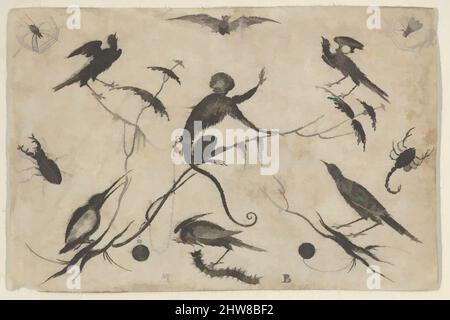 Art inspiré par Blackwork Design for Goldsmithwork with Monkey, Birds, and insectes, 1582–1616, gravure et noirwork, Feuille : 1 9/16 × 2 5/16 po (3,9 × 5,8 cm), Mathais Beitler (allemand, Ansbach, active ca. 1582–1616), panneau ornemental avec un singe face à droite sur un membre, œuvres classiques modernisées par Artotop avec une touche de modernité. Formes, couleur et valeur, impact visuel accrocheur sur l'art émotions par la liberté d'œuvres d'art d'une manière contemporaine. Un message intemporel qui cherche une nouvelle direction créative. Artistes qui se tournent vers le support numérique et créent le NFT Artotop Banque D'Images