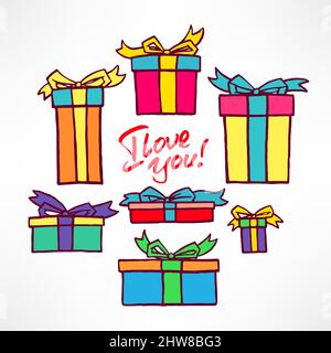 Ensemble mignon avec une variété de boîtes-cadeaux colorées Illustration de Vecteur