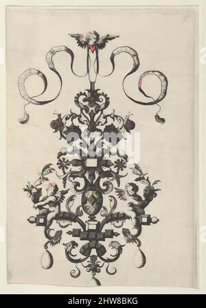 Art inspiré par Reverse Copy of Design for a pendentif, de Ars HIS Myronis Nobilis Effingitus Pagellulis, ca. 1600, gravure, feuille : 4 15/16 × 3 7/16 po. (12,6 × 8,7 cm), d'après Paul Birckenhultz (1561–1639), Design pour une suspension de bijoux accrochée à un masque putto (en regardant vers le bas, les œuvres classiques modernisées par Artotop avec un peu de modernité. Formes, couleur et valeur, impact visuel accrocheur sur l'art émotions par la liberté d'œuvres d'art d'une manière contemporaine. Un message intemporel qui cherche une nouvelle direction créative. Artistes qui se tournent vers le support numérique et créent le NFT Artotop Banque D'Images