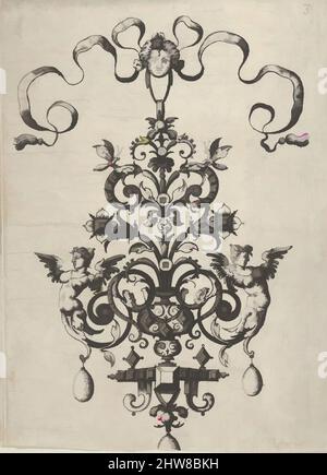 Art inspiré par Reverse Copy of Design for a pendentif, de Ars HIS Myronis Nobilis Effingitus Pagellulis, ca. 1600, gravure, feuille : 4 15/16 × 3 1/2 po. (12,5 × 8,9 cm), d'après Paul Birckenhultz (1561–1639), Design pour une suspension à bijoux, avec un ruban et un masque féminin en haut au centre, les œuvres classiques modernisées par Artotop avec une touche de modernité. Formes, couleur et valeur, impact visuel accrocheur sur l'art émotions par la liberté d'œuvres d'art d'une manière contemporaine. Un message intemporel qui cherche une nouvelle direction créative. Artistes qui se tournent vers le support numérique et créent le NFT Artotop Banque D'Images