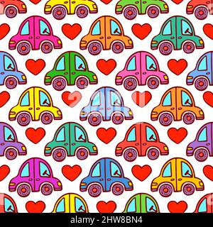 joli motif sans couture de voitures et de coeurs. illustration dessinée à la main Illustration de Vecteur