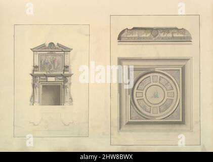 Art inspiré par la feuille d'Aedes Walpolianae montée de deux dessins: A): Cheminée de Hall, Houghton Hall, Norfolk; b): Plafond de Hall, Houghton Hall, Norfolk, 1735, (a,b) : encre et lavage, feuille : 28 15/16 × 20 1/2 po. (73,5 × 52 cm, œuvres classiques modernisées par Artotop avec une touche de modernité. Formes, couleur et valeur, impact visuel accrocheur sur l'art émotions par la liberté d'œuvres d'art d'une manière contemporaine. Un message intemporel qui cherche une nouvelle direction créative. Artistes qui se tournent vers le support numérique et créent le NFT Artotop Banque D'Images