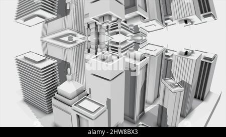 Animation abstraite d'un modèle architectural 3D à l'échelle du grand centre-ville moderne sur fond blanc.Animation 3D simple rendue en 4K Banque D'Images