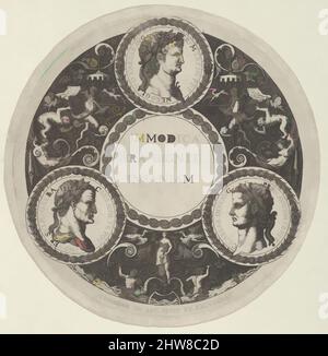 Art inspiré par Design pour un plat avec des Portraits des Emperors romains Nero, Galba, et Caligula, ca. 1588, gravure, feuille : 5 × 5 po. (12,7 × 12,7 cm), Theodor de Bry (Netherlandish, Liège 1528–1598 Francfort), Design pour un plat avec des médaillons contenant les portraits de trois œuvres classiques romaines modernisées par Artotop avec une touche de modernité. Formes, couleur et valeur, impact visuel accrocheur sur l'art émotions par la liberté d'œuvres d'art d'une manière contemporaine. Un message intemporel qui cherche une nouvelle direction créative. Artistes qui se tournent vers le support numérique et créent le NFT Artotop Banque D'Images