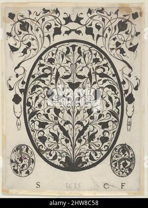 Art inspiré par Blackwork Print avec des rouleaux foliaires dans un ovale au centre, d'une série de tirages Blackwork pour le travail de Goldsmith, 1615, gravure Blackwork, feuille: 4 7/8 × 3 1/2 po. (12,4 × 8,9 cm), Etienne Carteron (France, né Châtillon-sur-Seine, env. 1580), Blackwork design avec a, Classic œuvres modernisées par Artotop avec une touche de modernité. Formes, couleur et valeur, impact visuel accrocheur sur l'art émotions par la liberté d'œuvres d'art d'une manière contemporaine. Un message intemporel qui cherche une nouvelle direction créative. Artistes qui se tournent vers le support numérique et créent le NFT Artotop Banque D'Images