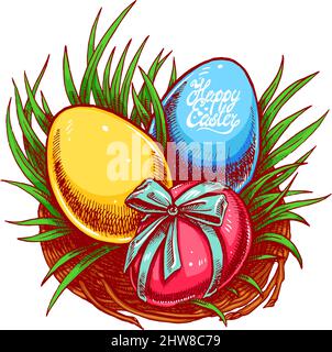Joyeuses Pâques. Joli nid de pâques avec trois œufs de couleur différente. Illustration dessinée à la main. Illustration de Vecteur