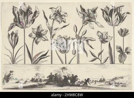 Art inspiré par un panneau horizontal avec une rangée de fleurs au-dessus d'un Frieze avec une scène de bataille dans un paysage, de Livre Nouveau de fleurs Tres-Util, 1645, Etching et burin, feuille: 3 1/16 × 4 1/2 po. (7,8 × 11,4 cm), Nicolas Cochin (français, Troyes 1610–1686 Paris), en haut, une horizontale, Œuvres classiques modernisées par Artotop avec une touche de modernité. Formes, couleur et valeur, impact visuel accrocheur sur l'art émotions par la liberté d'œuvres d'art d'une manière contemporaine. Un message intemporel qui cherche une nouvelle direction créative. Artistes qui se tournent vers le support numérique et créent le NFT Artotop Banque D'Images